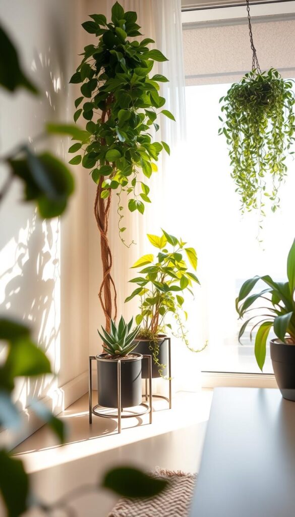A cozy, well-lit modern interior with strategically placed houseplants near a large window. Warm, diffused sunlight filters in, creating a serene and inviting atmosphere. Lush, verdant foliage casts delicate shadows on the clean, minimalist surfaces. The plants are artfully arranged to complement the room's clean lines and neutral color palette. A sleek, metal plant stand holds a variety of potted succulents and trailing vines, positioned to make the most of the optimal natural light. The camera captures this harmonious scene from a low, eye-level angle, showcasing the elegant, harmonious integration of plants and contemporary decor.