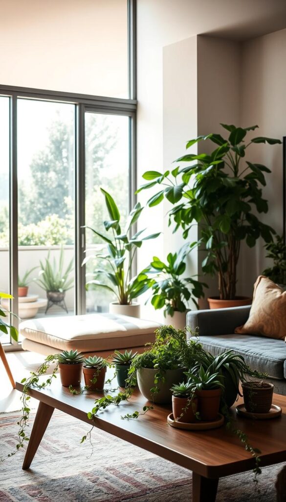 A cozy, well-lit modern living room with lush, vibrant indoor plants artfully placed throughout. A large, floor-to-ceiling window floods the space with natural light, casting a warm glow on the greenery. In the foreground, a mid-century inspired coffee table displays a selection of potted succulents and trailing vines. Against the back wall, a statement plant, perhaps a tall fiddle-leaf fig or a bushy monstera, stands tall, complementing the sleek, minimalist decor. The overall atmosphere is one of serenity and natural harmony, inviting the viewer to imagine themselves relaxing in this tranquil, plant-filled oasis.