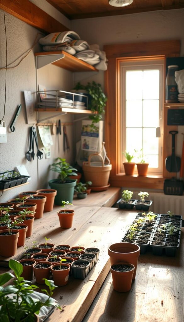 A cozy, well-lit seed-starting area with a wooden workbench, terracotta pots, and a variety of small seedlings. The space is flooded with warm, natural light from a nearby window, casting a soft glow over the scene. Shelving units line the walls, holding trays of soil, seed packets, and gardening tools. The atmosphere is tranquil and inviting, creating the perfect environment for nurturing new plant life in late winter. A cozy, well-lit seed-starting area with a wooden workbench, terracotta pots, and a variety of small seedlings. The space is flooded with warm, natural light from a nearby window, casting a soft glow over the scene. Shelving units line the walls, holding trays of soil, seed packets, and gardening tools. The atmosphere is tranquil and inviting, creating the perfect environment for nurturing new plant life in late winter.