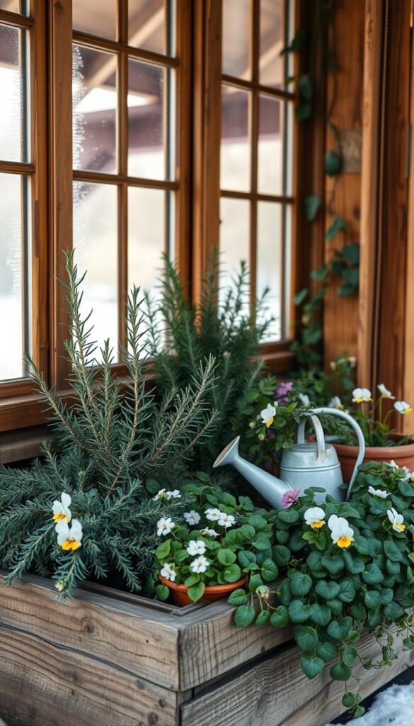 A cozy winter garden nestled within a rustic wooden container, bathed in warm, natural light filtering through frosty windowpanes. In the foreground, a lush arrangement of evergreen foliage, fragrant rosemary, and delicate flowering plants like pansies and primroses. The middle ground showcases a charming vintage watering can and a terracotta pot filled with cascading ivy, while the background hints at a snowy landscape outside, creating a serene and inviting atmosphere. The scene is captured with a soft, dreamy lens, emphasizing the contrast between the vibrant greenery and the muted tones of the winter setting, evoking a sense of coziness and enchantment.