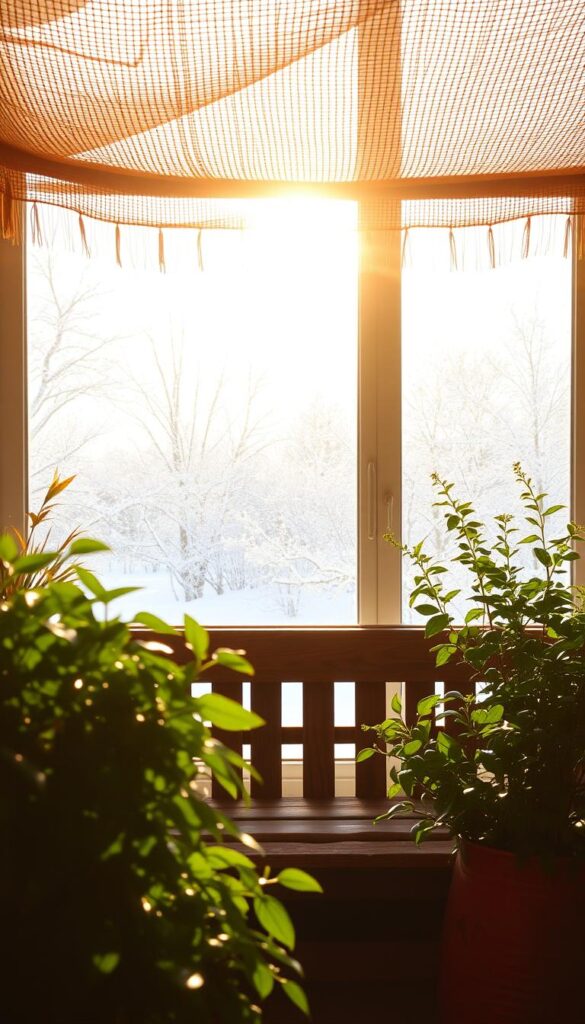 A cozy winter garden scene bathed in warm, golden sunlight filtering through a delicate, woven shade structure. In the foreground, a lush arrangement of verdant houseplants, their vibrant leaves gently swaying. The middle ground features a weathered wooden bench, inviting you to pause and bask in the tranquil ambiance. Beyond, a frost-kissed windowpane offers a glimpse of a serene, snow-dusted landscape, creating a harmonious contrast. The lighting is soft and diffused, casting a comforting glow and accentuating the textures of the natural materials. This welcoming, sunlit sanctuary offers a serene respite from the gray winter days.