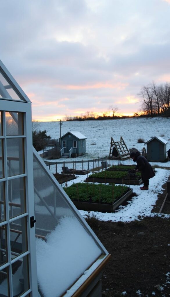 A cozy winter garden scene, with a small greenhouse in the foreground, its glass panels reflecting the soft, warm glow of the setting sun. In the middle ground, a gardener bundled up in a thick coat, tending to raised garden beds, planting hardy winter crops. In the background, a snow-dusted landscape, with a quaint garden shed, and a winding path leading off into the distance. Overhead, a moody, overcast sky, with hints of pink and orange peeking through the clouds. The overall atmosphere is one of quiet industriousness, as the gardener prepares the garden for the coming spring. A cozy winter garden scene, with a small greenhouse in the foreground, its glass panels reflecting the soft, warm glow of the setting sun. In the middle ground, a gardener bundled up in a thick coat, tending to raised garden beds, planting hardy winter crops. In the background, a snow-dusted landscape, with a quaint garden shed, and a winding path leading off into the distance. Overhead, a moody, overcast sky, with hints of pink and orange peeking through the clouds. The overall atmosphere is one of quiet industriousness, as the gardener prepares the garden for the coming spring.