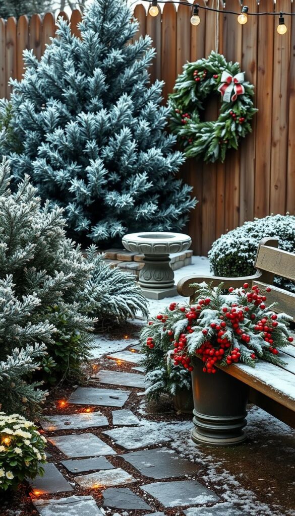 A cozy winter garden with lush, snow-dusted evergreen plants, delicate white blossoms, and a rustic wooden planter overflowing with vibrant berries. In the foreground, a path of flagstone leads to a welcoming wooden bench, bathed in the warm glow of outdoor string lights. In the middle ground, a stone birdbath is surrounded by a cluster of frosty pine trees, their branches laden with fresh snow. The background features a picturesque wooden fence, adorned with a beautifully crafted winter wreath, creating a charming, inviting atmosphere. The scene is captured with a wide-angle lens, highlighting the depth and balance of the composition, conveying a sense of peaceful, comfortable curb appeal in the winter.