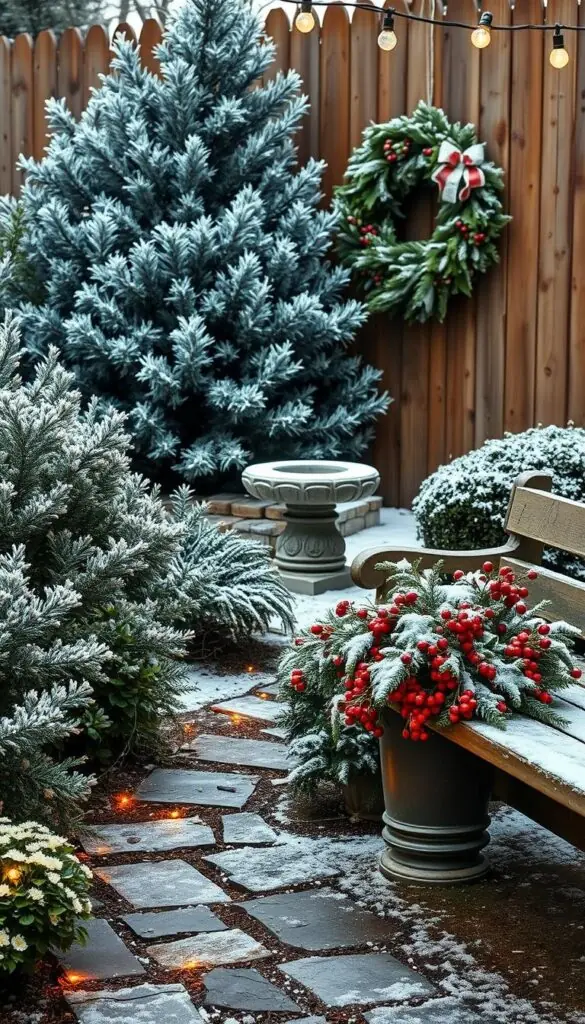 A cozy winter garden with lush, snow-dusted evergreen plants, delicate white blossoms, and a rustic wooden planter overflowing with vibrant berries. In the foreground, a path of flagstone leads to a welcoming wooden bench, bathed in the warm glow of outdoor string lights. In the middle ground, a stone birdbath is surrounded by a cluster of frosty pine trees, their branches laden with fresh snow. The background features a picturesque wooden fence, adorned with a beautifully crafted winter wreath, creating a charming, inviting atmosphere. The scene is captured with a wide-angle lens, highlighting the depth and balance of the composition, conveying a sense of peaceful, comfortable curb appeal in the winter. A cozy winter garden with lush, snow-dusted evergreen plants, delicate white blossoms, and a rustic wooden planter overflowing with vibrant berries. In the foreground, a path of flagstone leads to a welcoming wooden bench, bathed in the warm glow of outdoor string lights. In the middle ground, a stone birdbath is surrounded by a cluster of frosty pine trees, their branches laden with fresh snow. The background features a picturesque wooden fence, adorned with a beautifully crafted winter wreath, creating a charming, inviting atmosphere. The scene is captured with a wide-angle lens, highlighting the depth and balance of the composition, conveying a sense of peaceful, comfortable curb appeal in the winter.