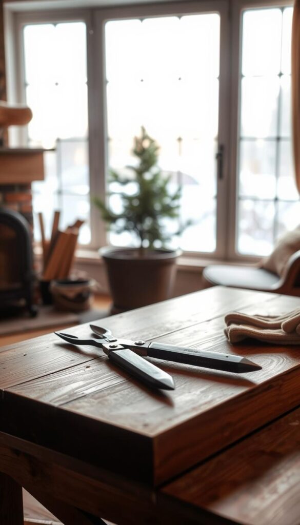 A cozy winter scene with a warm, inviting glow. In the foreground, a wooden table is set with simple, rustic tools - a pair of pruning shears, a trowel, and a pair of gloves. Soft, diffused light from a nearby fireplace casts a gentle radiance, creating an atmosphere of comfort and ease. In the middle ground, a potted plant or small shrub stands out, its lush green foliage contrasting with the neutral tones of the table and surroundings. The background features a large window, through which a snowy landscape is visible, hinting at the cold outside and the warmth within. The overall mood is one of tranquility, inviting the viewer to slow down, appreciate the simple pleasures, and find joy in winter gardening projects. A cozy winter scene with a warm, inviting glow. In the foreground, a wooden table is set with simple, rustic tools - a pair of pruning shears, a trowel, and a pair of gloves. Soft, diffused light from a nearby fireplace casts a gentle radiance, creating an atmosphere of comfort and ease. In the middle ground, a potted plant or small shrub stands out, its lush green foliage contrasting with the neutral tones of the table and surroundings. The background features a large window, through which a snowy landscape is visible, hinting at the cold outside and the warmth within. The overall mood is one of tranquility, inviting the viewer to slow down, appreciate the simple pleasures, and find joy in winter gardening projects.