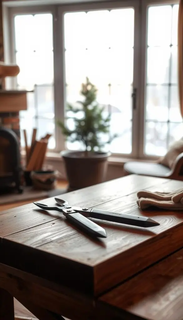 A cozy winter scene with a warm, inviting glow. In the foreground, a wooden table is set with simple, rustic tools - a pair of pruning shears, a trowel, and a pair of gloves. Soft, diffused light from a nearby fireplace casts a gentle radiance, creating an atmosphere of comfort and ease. In the middle ground, a potted plant or small shrub stands out, its lush green foliage contrasting with the neutral tones of the table and surroundings. The background features a large window, through which a snowy landscape is visible, hinting at the cold outside and the warmth within. The overall mood is one of tranquility, inviting the viewer to slow down, appreciate the simple pleasures, and find joy in winter gardening projects. A cozy winter scene with a warm, inviting glow. In the foreground, a wooden table is set with simple, rustic tools - a pair of pruning shears, a trowel, and a pair of gloves. Soft, diffused light from a nearby fireplace casts a gentle radiance, creating an atmosphere of comfort and ease. In the middle ground, a potted plant or small shrub stands out, its lush green foliage contrasting with the neutral tones of the table and surroundings. The background features a large window, through which a snowy landscape is visible, hinting at the cold outside and the warmth within. The overall mood is one of tranquility, inviting the viewer to slow down, appreciate the simple pleasures, and find joy in winter gardening projects.
