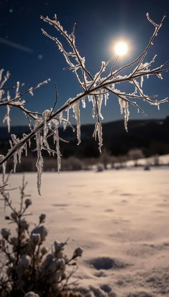 A cozy winter scene with frost-covered plants and a clear, starry sky. In the foreground, delicate ice crystals cling to the branches of a bare tree, their intricate patterns shimmering in the soft moonlight. In the middle ground, a blanket of pristine snow covers the ground, casting a serene, pale glow. In the background, the distant silhouettes of hills rise against a deep indigo sky, dotted with twinkling stars. The overall mood is one of tranquility and wonder, perfectly capturing the essence of "frost dates" and their importance for gardeners. A cozy winter scene with frost-covered plants and a clear, starry sky. In the foreground, delicate ice crystals cling to the branches of a bare tree, their intricate patterns shimmering in the soft moonlight. In the middle ground, a blanket of pristine snow covers the ground, casting a serene, pale glow. In the background, the distant silhouettes of hills rise against a deep indigo sky, dotted with twinkling stars. The overall mood is one of tranquility and wonder, perfectly capturing the essence of "frost dates" and their importance for gardeners.