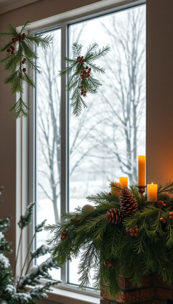 A cozy winter scene with lush, verdant greenery cascading against a soft, muted background. In the foreground, an elegant garland of evergreen boughs, pinecones, and dried berries draped over a rustic wooden mantel, bathed in the warm glow of flickering candlelight. The middle ground reveals a gentle snowfall drifting outside a frosty window, casting a serene, tranquil ambiance. In the background, the hazy silhouettes of bare trees stand tall, their branches reaching skyward, evoking a sense of peaceful solitude. The overall composition emanates a feeling of simple, natural elegance - a restorative respite from the holiday hustle, inviting the viewer to pause and savor the quiet beauty of the winter season.