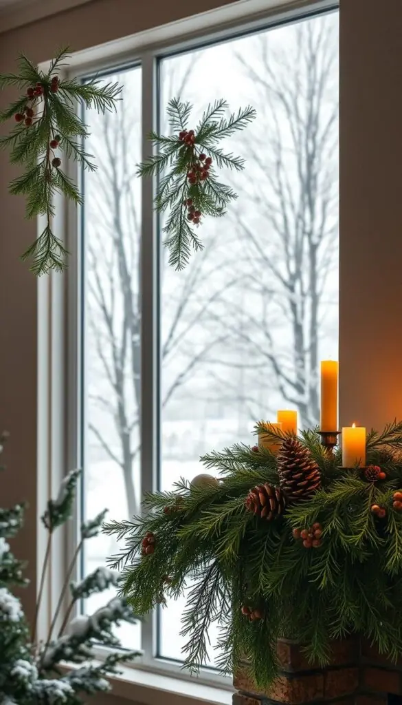 A cozy winter scene with lush, verdant greenery cascading against a soft, muted background. In the foreground, an elegant garland of evergreen boughs, pinecones, and dried berries draped over a rustic wooden mantel, bathed in the warm glow of flickering candlelight. The middle ground reveals a gentle snowfall drifting outside a frosty window, casting a serene, tranquil ambiance. In the background, the hazy silhouettes of bare trees stand tall, their branches reaching skyward, evoking a sense of peaceful solitude. The overall composition emanates a feeling of simple, natural elegance - a restorative respite from the holiday hustle, inviting the viewer to pause and savor the quiet beauty of the winter season.
