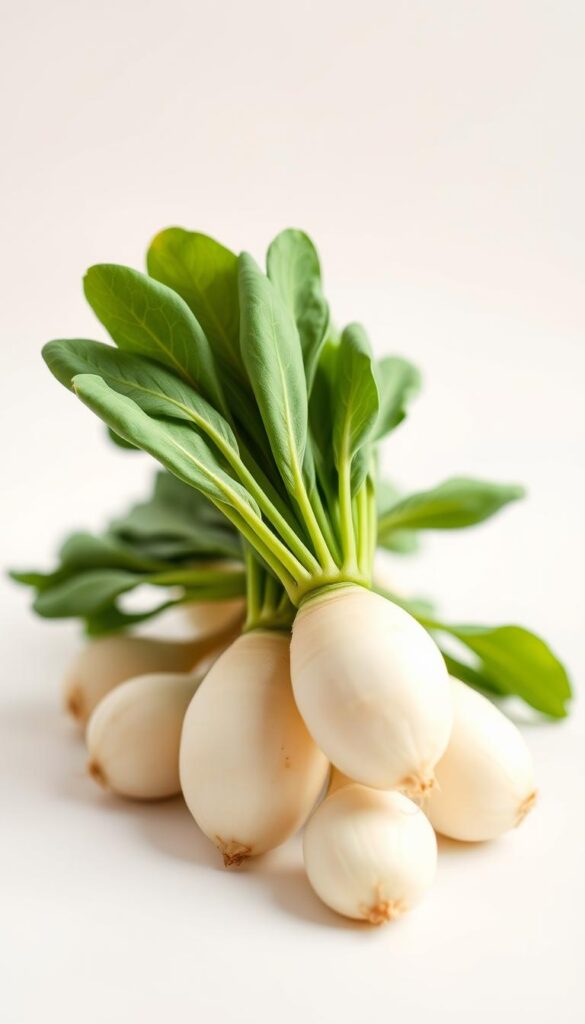 A crisp, closeup shot of freshly harvested Hakurei turnips against a clean, bright background. The smooth, round roots are gently placed in the foreground, their vibrant white skin and delicate green leaves in sharp focus. The lighting is soft and even, highlighting the natural texture and subtle sheen of the turnips. The midground is slightly blurred, creating a sense of depth, while the background is a simple, minimalist off-white. The overall mood is clean, fresh, and inviting, showcasing the small, sweet roots in an appetizing way. A crisp, closeup shot of freshly harvested Hakurei turnips against a clean, bright background. The smooth, round roots are gently placed in the foreground, their vibrant white skin and delicate green leaves in sharp focus. The lighting is soft and even, highlighting the natural texture and subtle sheen of the turnips. The midground is slightly blurred, creating a sense of depth, while the background is a simple, minimalist off-white. The overall mood is clean, fresh, and inviting, showcasing the small, sweet roots in an appetizing way.