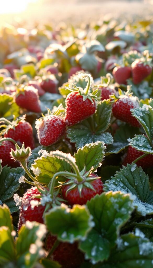 A crisp, frosty morning in a lush strawberry patch. Delicate ice crystals cling to the ripe, juicy berries and their verdant foliage, glistening in the soft, golden light of early dawn. The scene is bathed in a serene, ethereal atmosphere, capturing the transitional beauty between the harvest and the dormant, overwintering period. The camera angle offers a close, intimate view, highlighting the intricate textures and the gentle, frost-kissed curvatures of the strawberries, conveying a sense of tranquility and the promise of future growth and abundance. A crisp, frosty morning in a lush strawberry patch. Delicate ice crystals cling to the ripe, juicy berries and their verdant foliage, glistening in the soft, golden light of early dawn. The scene is bathed in a serene, ethereal atmosphere, capturing the transitional beauty between the harvest and the dormant, overwintering period. The camera angle offers a close, intimate view, highlighting the intricate textures and the gentle, frost-kissed curvatures of the strawberries, conveying a sense of tranquility and the promise of future growth and abundance.