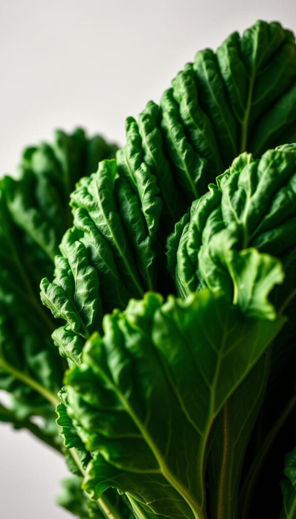 A crisp, high-contrast close-up photograph of several fresh, vibrant kale leaves with a slight curl and a winter-sweet flavor. The kale leaves are arranged neatly against a plain, neutral background, allowing the deep green hues and delicate texture to be the central focus. Soft, warm side lighting gently highlights the intricate veining and tender, slightly ruffled edges of the leaves, giving them a lush, appetizing appearance. The depth of field is shallow, creating a soft, blurred backdrop that draws the eye to the detailed, glossy kale foliage in the foreground. This image evokes the nourishing, cold-weather appeal of this hardy, nutrient-dense winter vegetable. A crisp, high-contrast close-up photograph of several fresh, vibrant kale leaves with a slight curl and a winter-sweet flavor. The kale leaves are arranged neatly against a plain, neutral background, allowing the deep green hues and delicate texture to be the central focus. Soft, warm side lighting gently highlights the intricate veining and tender, slightly ruffled edges of the leaves, giving them a lush, appetizing appearance. The depth of field is shallow, creating a soft, blurred backdrop that draws the eye to the detailed, glossy kale foliage in the foreground. This image evokes the nourishing, cold-weather appeal of this hardy, nutrient-dense winter vegetable.
