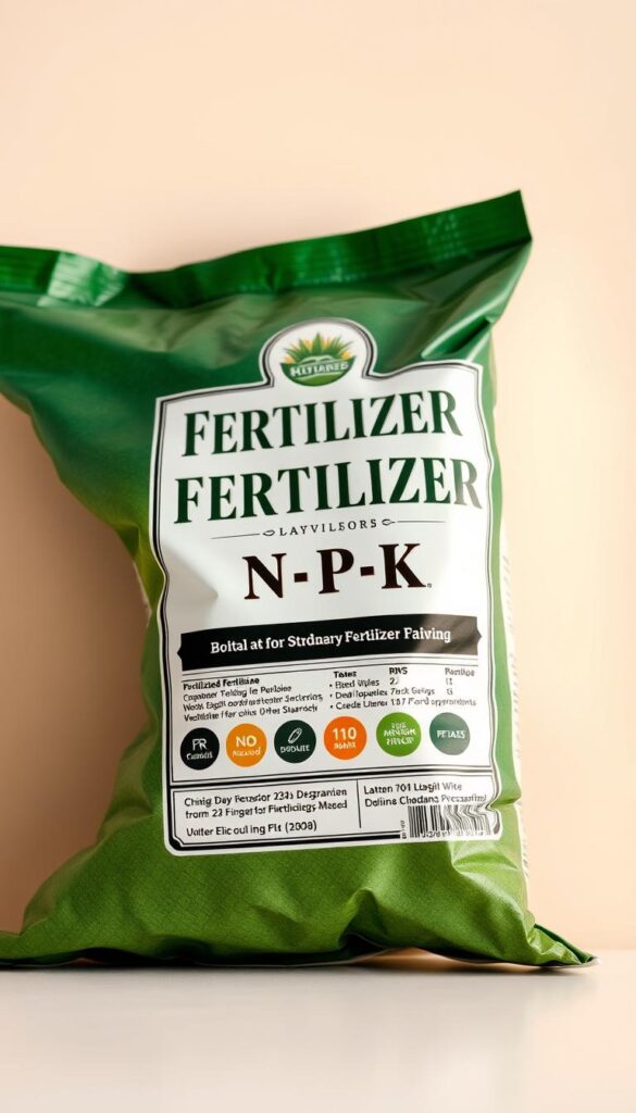 A crisp, high-resolution close-up of a fertilizer label, placed against a clean, neutral background. The label's surface is well-lit, with soft, directional lighting that accentuates the texture and details of the packaging. The label is prominently displayed, taking up the majority of the frame, with a clear, legible N-P-K ratio prominently displayed. The label's design features a blend of classic and modern typography, with clear, easy-to-read labeling. The overall mood is one of clarity, professionalism, and attention to detail, conveying a sense of authority and expertise in reading and understanding fertilizer labels.