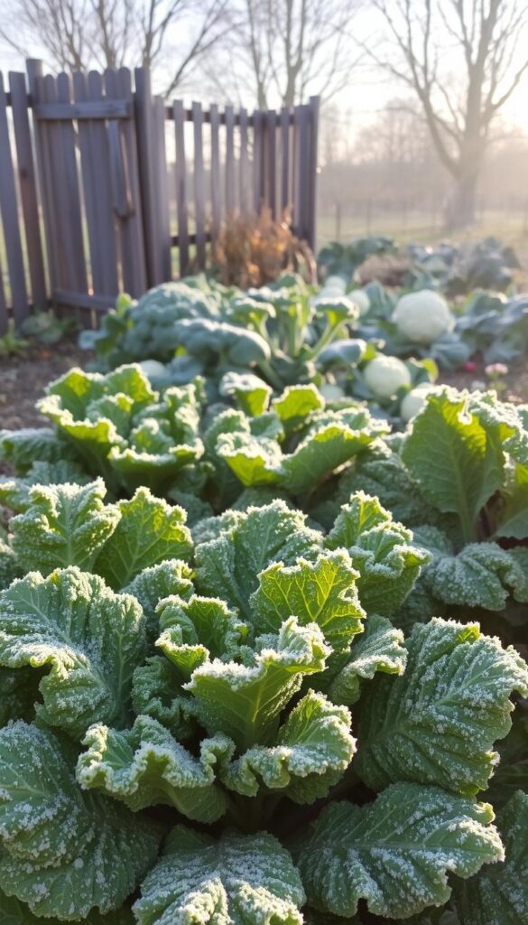 A crisp morning in a lush garden, with delicate frost crystals glistening on the verdant foliage. In the foreground, a cluster of hardy kale and chard plants, their leaves adorned with a delicate rime. The middle ground features a variety of cool-weather crops, such as broccoli, cauliflower, and radishes, all poised for a successful fall harvest. In the background, a weathered wooden fence and the silhouettes of bare trees, hinting at the transition to the colder months ahead. Soft, warm lighting illuminates the scene, casting subtle shadows and emphasizing the intricate patterns of the frost. A serene and inviting atmosphere, capturing the essence of fall's readiness for the challenges of the changing seasons. A crisp morning in a lush garden, with delicate frost crystals glistening on the verdant foliage. In the foreground, a cluster of hardy kale and chard plants, their leaves adorned with a delicate rime. The middle ground features a variety of cool-weather crops, such as broccoli, cauliflower, and radishes, all poised for a successful fall harvest. In the background, a weathered wooden fence and the silhouettes of bare trees, hinting at the transition to the colder months ahead. Soft, warm lighting illuminates the scene, casting subtle shadows and emphasizing the intricate patterns of the frost. A serene and inviting atmosphere, capturing the essence of fall's readiness for the challenges of the changing seasons.