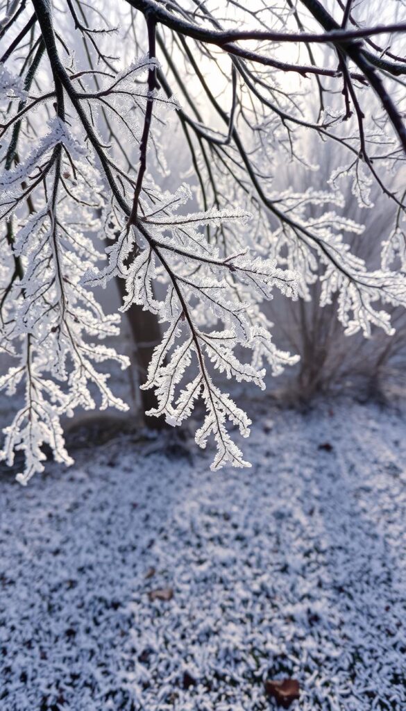 A crisp winter morning, frost-covered branches glisten in the soft, diffused light. A delicate layer of ice crystals coats the leaves, creating intricate, lace-like patterns. The ground is blanketed in a shimmering, textured coating, as if sprinkled with thousands of tiny diamonds. The scene exudes a sense of quiet stillness, a fleeting moment of tranquility before the world awakens. The camera captures this ephemeral beauty, framing the frosted foliage against a hazy, muted background, inviting the viewer to pause and appreciate the delicate beauty of nature's seasonal changes. A crisp winter morning, frost-covered branches glisten in the soft, diffused light. A delicate layer of ice crystals coats the leaves, creating intricate, lace-like patterns. The ground is blanketed in a shimmering, textured coating, as if sprinkled with thousands of tiny diamonds. The scene exudes a sense of quiet stillness, a fleeting moment of tranquility before the world awakens. The camera captures this ephemeral beauty, framing the frosted foliage against a hazy, muted background, inviting the viewer to pause and appreciate the delicate beauty of nature's seasonal changes.