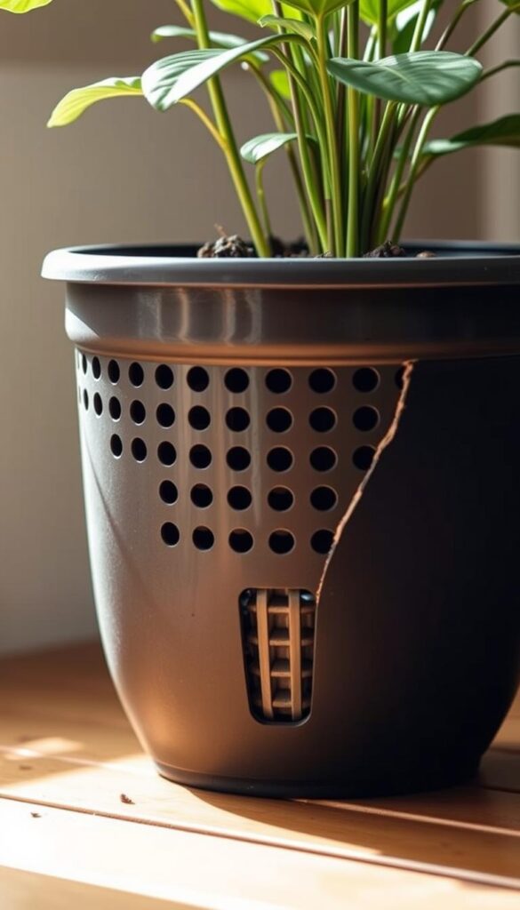 A cross-section of a planter showcasing its drainage system, with a detailed view of the perforated bottom and a network of drainage channels. The planter is positioned on a wooden surface, with a soft, diffused lighting creating a warm, natural atmosphere. The image emphasizes the importance of proper drainage for healthy plant growth, as outlined in the article's section on "Shape, drainage, and airflow: protect roots from the bottom up". A cross-section of a planter showcasing its drainage system, with a detailed view of the perforated bottom and a network of drainage channels. The planter is positioned on a wooden surface, with a soft, diffused lighting creating a warm, natural atmosphere. The image emphasizes the importance of proper drainage for healthy plant growth, as outlined in the article's section on "Shape, drainage, and airflow: protect roots from the bottom up".