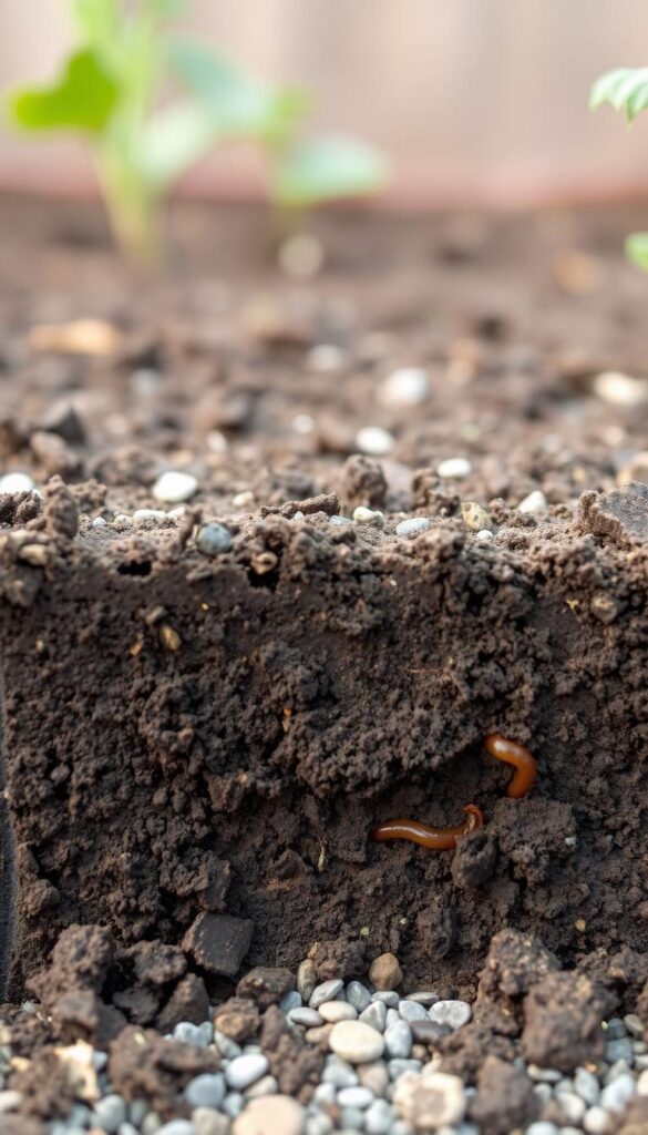 A cross-sectional view of the bottom soil layer in a raised garden bed, captured with a macro lens under soft, diffused lighting. The soil appears dark, rich, and crumbly, with visible organic matter and the occasional earthworm or insect. The foreground showcases the textural details of the soil, while the middle ground reveals the transition to the underlying gravel or landscape fabric. The background fades into a subtle, out-of-focus, neutral tone, allowing the focus to remain on the intricate structure of the soil.