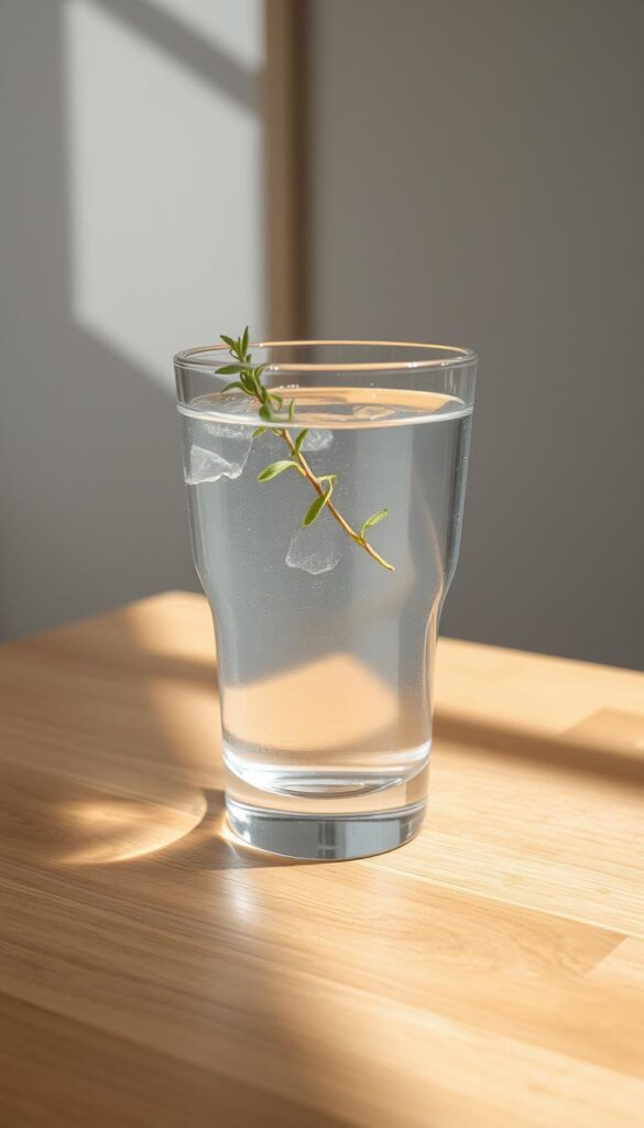 A crystal clear glass of fresh, cool water sitting on a wooden table, illuminated by soft, natural daylight streaming in from a nearby window. The water's surface is smooth and reflective, capturing the subtle textures of the wood grain below. The glass casts a soft, diffused shadow, adding depth and dimension to the scene. The overall mood is calming, serene, and inviting, evoking a sense of thirst-quenching refreshment. A single, slender stem of a freshly cut herb gently rests against the glass, hinting at the connection between the water and the delicate cuttings it will nourish as they take root. A crystal clear glass of fresh, cool water sitting on a wooden table, illuminated by soft, natural daylight streaming in from a nearby window. The water's surface is smooth and reflective, capturing the subtle textures of the wood grain below. The glass casts a soft, diffused shadow, adding depth and dimension to the scene. The overall mood is calming, serene, and inviting, evoking a sense of thirst-quenching refreshment. A single, slender stem of a freshly cut herb gently rests against the glass, hinting at the connection between the water and the delicate cuttings it will nourish as they take root.