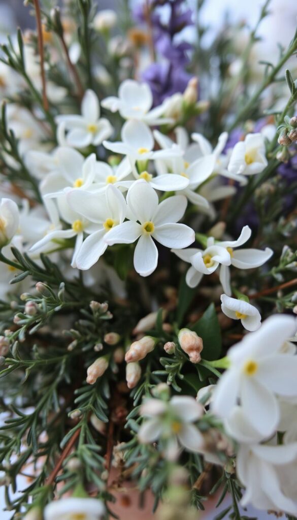 A delicate bouquet of winter flowers, their petals gently unfurling in the soft morning light. The centerpiece, a cluster of fragrant jasmine, its white blooms emanating a subtle, intoxicating aroma that dances on the crisp air. Surrounding it, a mix of rosemary, lavender, and eucalyptus, their leaves rustling softly in the breeze. The image is captured from a low angle, drawing the viewer in, inviting them to lean in and breathe deeply, to follow the scent as it winds through the garden. The colors are muted, with hints of pale blue and warm amber, creating a sense of tranquility and wonder on this chilly winter morning. A delicate bouquet of winter flowers, their petals gently unfurling in the soft morning light. The centerpiece, a cluster of fragrant jasmine, its white blooms emanating a subtle, intoxicating aroma that dances on the crisp air. Surrounding it, a mix of rosemary, lavender, and eucalyptus, their leaves rustling softly in the breeze. The image is captured from a low angle, drawing the viewer in, inviting them to lean in and breathe deeply, to follow the scent as it winds through the garden. The colors are muted, with hints of pale blue and warm amber, creating a sense of tranquility and wonder on this chilly winter morning.