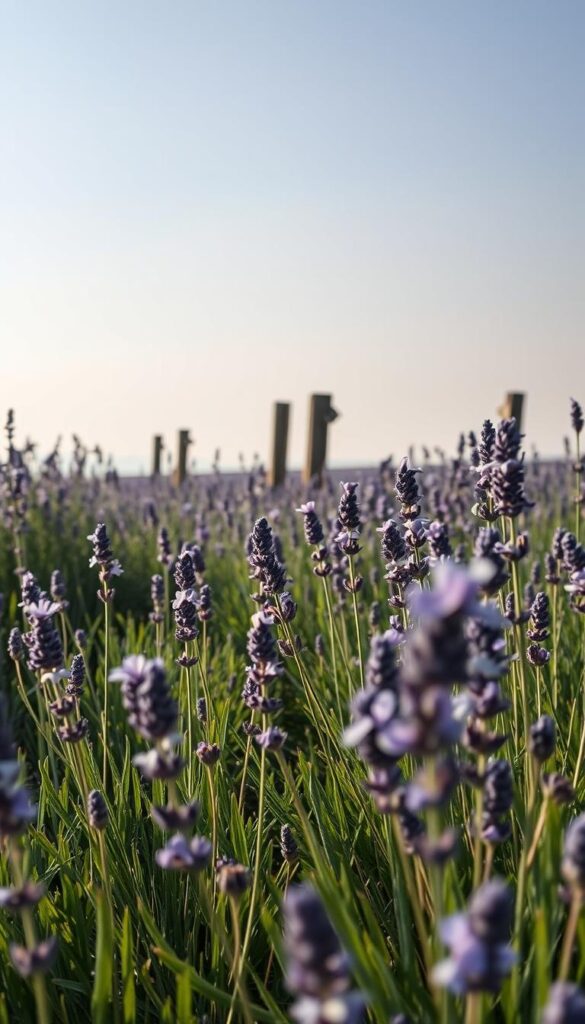 A delicate field of lavender blossoms, their soft purple hues gently swaying in the cool spring breeze. The flowers are bathed in soft, diffuse natural lighting, casting long shadows across the grassy foreground. The middle ground features a few weathered wooden posts, suggesting a rustic countryside setting. In the background, a hazy blue-grey sky frames the scene, conveying a sense of tranquility and serenity. The overall composition emphasizes the beauty and resilience of lavender, captured through a lens that evokes an early spring atmosphere.
