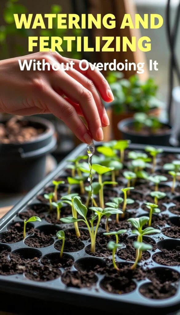 A delicate hand gently waters a tray of seedlings, their fragile leaves glistening under the soft, diffused light of an indoor grow setup. The soil surface is moist but not saturated, as the caretaker carefully drips water around the tender young plants, mindful not to disturb their sensitive roots. The background is a harmonious blend of earthy tones, with subtle hints of gardening tools and supplies creating a tranquil, nurturing atmosphere. The overall scene conveys a sense of patient care and attention, perfectly capturing the essence of "Watering and Fertilizing Without Overdoing It" for starting seeds indoors in late winter. A delicate hand gently waters a tray of seedlings, their fragile leaves glistening under the soft, diffused light of an indoor grow setup. The soil surface is moist but not saturated, as the caretaker carefully drips water around the tender young plants, mindful not to disturb their sensitive roots. The background is a harmonious blend of earthy tones, with subtle hints of gardening tools and supplies creating a tranquil, nurturing atmosphere. The overall scene conveys a sense of patient care and attention, perfectly capturing the essence of "Watering and Fertilizing Without Overdoing It" for starting seeds indoors in late winter.
