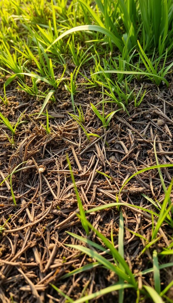 A dense, interconnected layer of decaying organic matter, composed primarily of dead grass blades, stems, and roots, covers the soil surface in a lush, verdant landscape. The thatch appears as a spongy, mat-like structure, varying in thickness from a few millimeters to several centimeters. Warm, diffused lighting filters through the scene, casting subtle shadows that accentuate the textural details of the thatch. The composition emphasizes the intricate, woven pattern of the thatch, drawing the viewer's attention to its role in the overall health and functionality of the lawn.