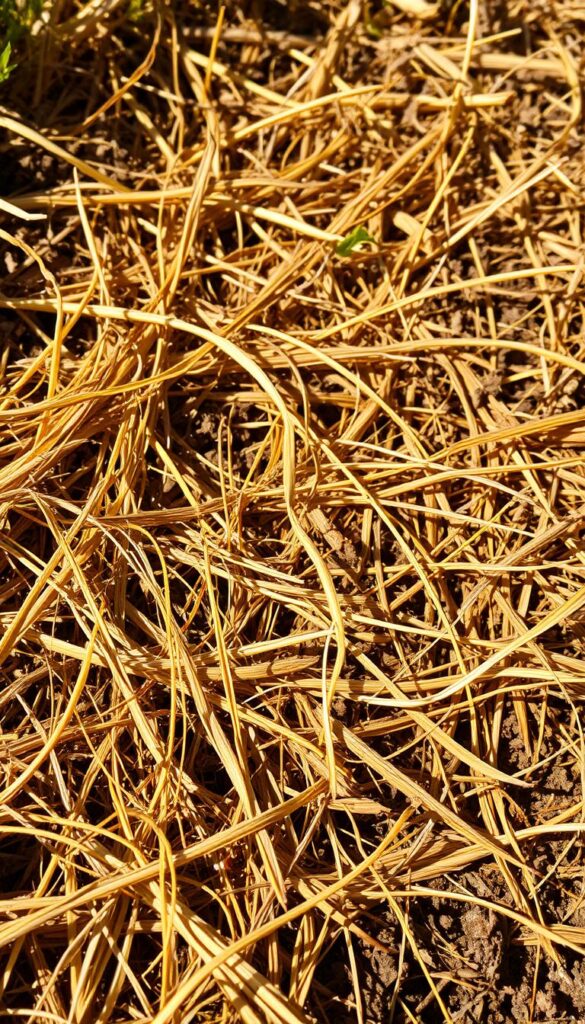 A dense, matted layer of dead, tangled grass blades and stems covering the soil surface, casting shadows and inhibiting water and nutrient absorption. Captured in crisp detail, with a shallow depth of field to emphasize the intricate textures and intertwining fibers. Warm, natural lighting highlights the golden hues and organic complexity, conveying the thatch's impact on lawn health. Angled perspective to reveal the thatch's depth and integration with the underlying soil. Earthy, muted tones with a sense of weight and density, reflecting the thatch's detrimental effects on lawn vitality.