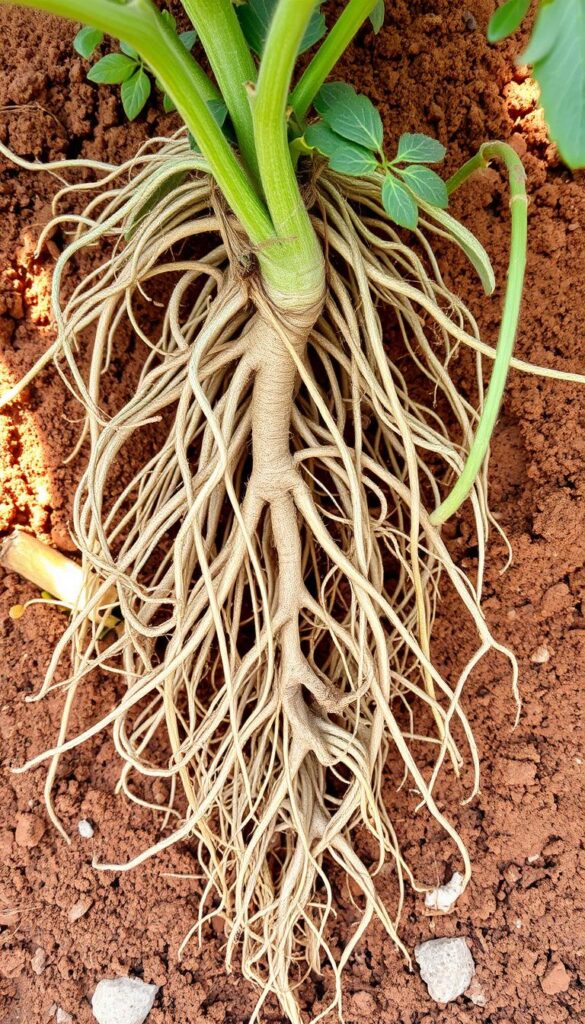 A dense network of healthy tomato roots, stretching deep into nutrient-rich soil, anchored by a sturdy central taproot. Intricate tendrils and fibrous rootlets radiate outward, seeking water and minerals to nourish the plant above. Warm, soft earth cradles the roots, with a few scattered pebbles and organic matter visible. Diffused, natural light filters through, casting gentle shadows that accentuate the dimensional structures. The overall impression is one of a thriving, established root system ready to support a bountiful tomato harvest.