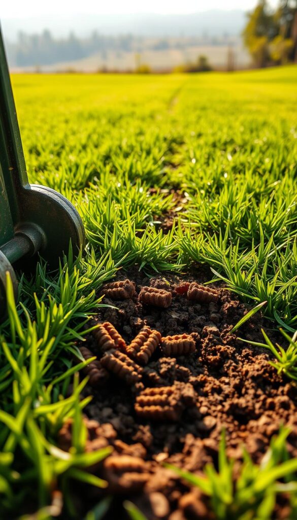 A detailed, close-up view of core aeration on a lush, green lawn. The foreground shows a lawn aerator penetrating deep into the soil, revealing the intricate network of perforations and extracted soil plugs. The middle ground showcases the improved soil structure, with visible air pockets and channels allowing for better water and nutrient absorption. The background features a soft, hazy landscape, emphasizing the tranquil, restorative nature of this lawn care process. Warm, natural lighting casts long shadows, accentuating the texture and depth of the scene. Shot with a shallow depth of field, creating a sense of focus and clarity on the core aeration mechanics.