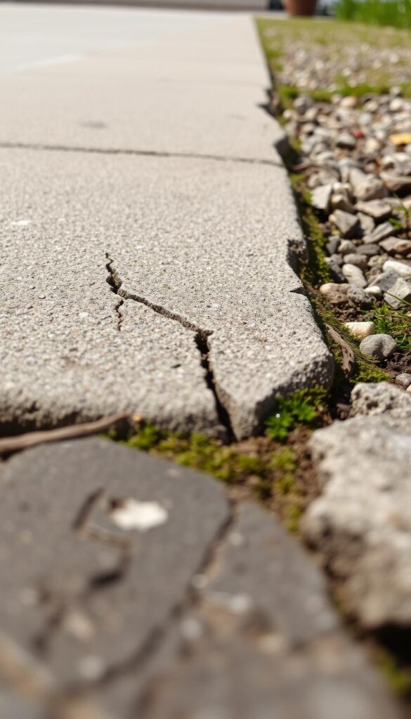 A detailed close-up view of the textured edges and cracks found along a sidewalk, driveway, and garden border. The foreground features a variety of textures and patterns - weathered concrete, jagged cracks, mossy growth, and scattered pebbles. The middle ground shows the smooth, uniform surface transitioning into the irregular, cracked edges. The background blurs into a soft, neutral tone, allowing the main subject to be the focus. The lighting is natural, with soft shadows accentuating the dimensional qualities of the surfaces. The overall mood is one of quiet observation, drawing attention to the often-overlooked details that delineate the boundaries of a well-maintained outdoor space.