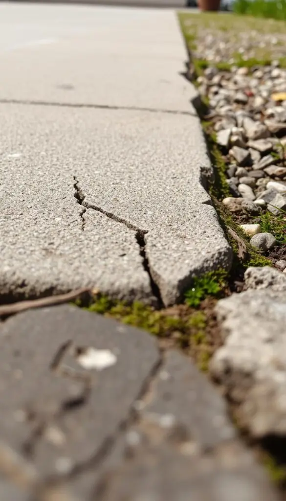 A detailed close-up view of the textured edges and cracks found along a sidewalk, driveway, and garden border. The foreground features a variety of textures and patterns - weathered concrete, jagged cracks, mossy growth, and scattered pebbles. The middle ground shows the smooth, uniform surface transitioning into the irregular, cracked edges. The background blurs into a soft, neutral tone, allowing the main subject to be the focus. The lighting is natural, with soft shadows accentuating the dimensional qualities of the surfaces. The overall mood is one of quiet observation, drawing attention to the often-overlooked details that delineate the boundaries of a well-maintained outdoor space. A detailed close-up view of the textured edges and cracks found along a sidewalk, driveway, and garden border. The foreground features a variety of textures and patterns - weathered concrete, jagged cracks, mossy growth, and scattered pebbles. The middle ground shows the smooth, uniform surface transitioning into the irregular, cracked edges. The background blurs into a soft, neutral tone, allowing the main subject to be the focus. The lighting is natural, with soft shadows accentuating the dimensional qualities of the surfaces. The overall mood is one of quiet observation, drawing attention to the often-overlooked details that delineate the boundaries of a well-maintained outdoor space.