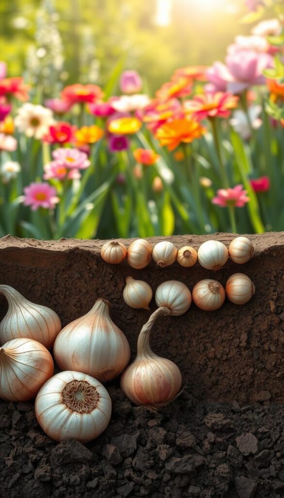 A detailed cross-section illustration showcasing the process of bulb layering. In the foreground, several bulbs of varying sizes are nestled in the soil, their layers and internal structures clearly visible. The middle ground depicts the planting technique, with bulbs strategically placed at different depths to ensure continuous bloom throughout the seasons. In the background, a lush garden scene provides context, with vibrant flowers and foliage in soft, natural lighting. The overall composition conveys a sense of depth, while the technical precision and botanical accuracy inform the viewer about the intricate layering method. Rendered in a realistic, detailed style that highlights the intricate structures and textures of the bulbs and soil.