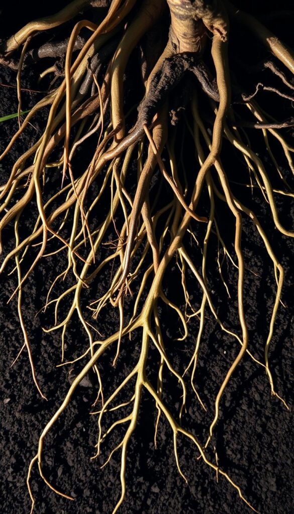 A detailed cross-section of an intricate root system, showcasing the complex network of fine tendrils and thick, woody taproots. The roots are illuminated from below, casting long, dramatic shadows that create a sense of depth and dimensionality. The soil texture is rendered with meticulous detail, revealing the granular structure and subtle variations in color and tone. The lighting is soft and diffused, creating a serene, contemplative atmosphere that highlights the delicate, intricate beauty of the underground root structure. Captured with a high-resolution, macro lens to emphasize the intricate patterns and textures of the root system. A detailed cross-section of an intricate root system, showcasing the complex network of fine tendrils and thick, woody taproots. The roots are illuminated from below, casting long, dramatic shadows that create a sense of depth and dimensionality. The soil texture is rendered with meticulous detail, revealing the granular structure and subtle variations in color and tone. The lighting is soft and diffused, creating a serene, contemplative atmosphere that highlights the delicate, intricate beauty of the underground root structure. Captured with a high-resolution, macro lens to emphasize the intricate patterns and textures of the root system.
