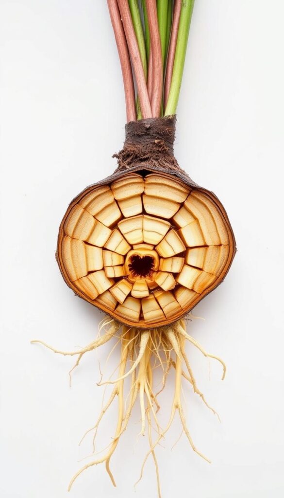 A detailed cross-section of freshly divided perennial roots, showcasing their intricate layered structure. The roots are displayed against a clean, white backdrop, allowing their natural textures and organic shapes to take center stage. The lighting is soft and even, creating subtle shadows that accentuate the three-dimensional quality of the roots. The camera angle is slightly elevated, providing a clear view of the root system's central core and the radiating divisions. The overall composition conveys a sense of harmony, balance, and the inherent beauty of the plant's internal architecture, perfectly suited to illustrate the "How to divide perennials: step-by-step" section of the article.