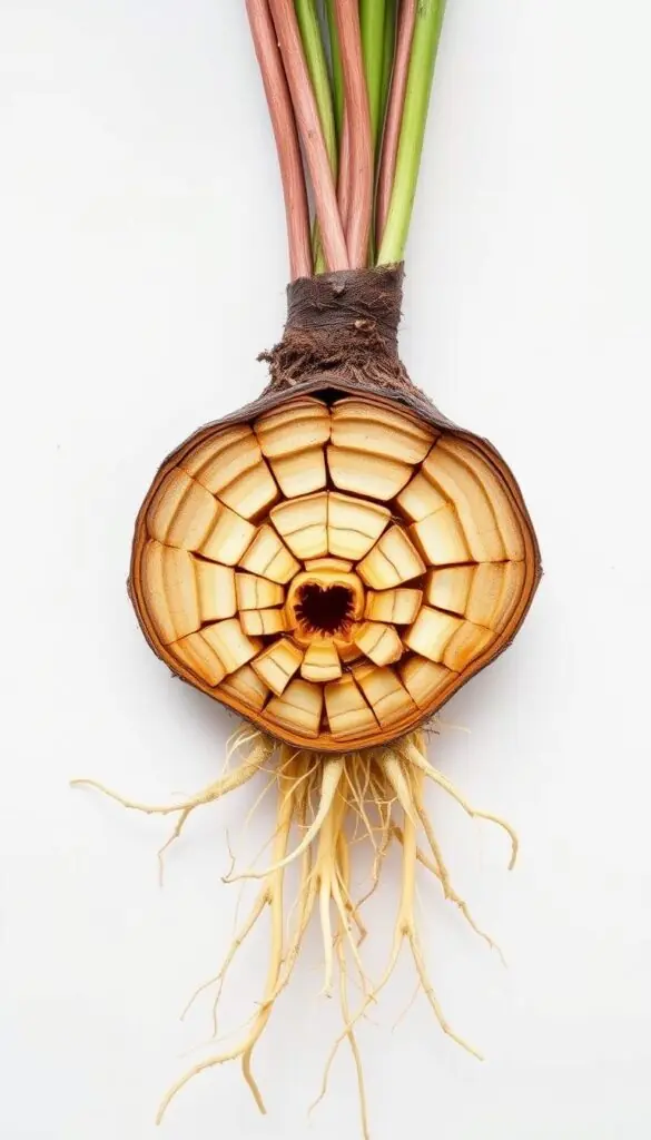 A detailed cross-section of freshly divided perennial roots, showcasing their intricate layered structure. The roots are displayed against a clean, white backdrop, allowing their natural textures and organic shapes to take center stage. The lighting is soft and even, creating subtle shadows that accentuate the three-dimensional quality of the roots. The camera angle is slightly elevated, providing a clear view of the root system's central core and the radiating divisions. The overall composition conveys a sense of harmony, balance, and the inherent beauty of the plant's internal architecture, perfectly suited to illustrate the "How to divide perennials: step-by-step" section of the article. A detailed cross-section of freshly divided perennial roots, showcasing their intricate layered structure. The roots are displayed against a clean, white backdrop, allowing their natural textures and organic shapes to take center stage. The lighting is soft and even, creating subtle shadows that accentuate the three-dimensional quality of the roots. The camera angle is slightly elevated, providing a clear view of the root system's central core and the radiating divisions. The overall composition conveys a sense of harmony, balance, and the inherent beauty of the plant's internal architecture, perfectly suited to illustrate the "How to divide perennials: step-by-step" section of the article.