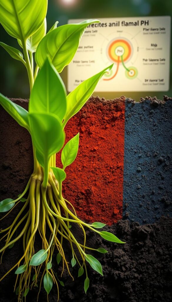 A detailed cross-section of soil, showcasing the varying pH levels. In the foreground, a lush, verdant green plant roots system, thriving in the optimal pH range. The middle ground features a gradient of soil colors, transitioning from acidic (red) to alkaline (blue), with clear pH values displayed. The background depicts a scientific diagram, illuminated by soft, natural lighting, highlighting the complex relationship between soil pH and nutrient availability for plants. Rendered in a realistic, detailed style with a focus on scientific accuracy and educational value. A detailed cross-section of soil, showcasing the varying pH levels. In the foreground, a lush, verdant green plant roots system, thriving in the optimal pH range. The middle ground features a gradient of soil colors, transitioning from acidic (red) to alkaline (blue), with clear pH values displayed. The background depicts a scientific diagram, illuminated by soft, natural lighting, highlighting the complex relationship between soil pH and nutrient availability for plants. Rendered in a realistic, detailed style with a focus on scientific accuracy and educational value.