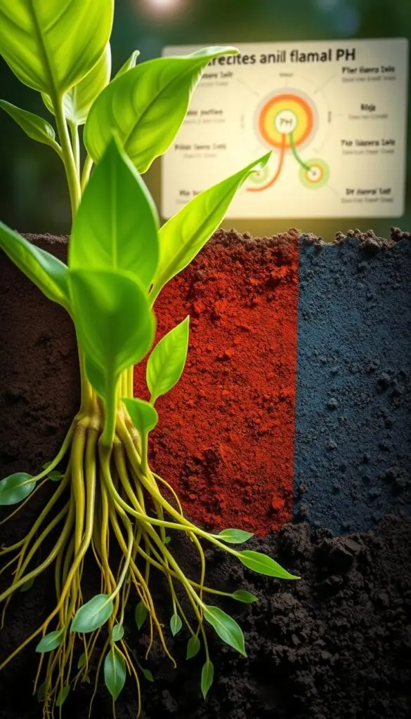 A detailed cross-section of soil, showcasing the varying pH levels. In the foreground, a lush, verdant green plant roots system, thriving in the optimal pH range. The middle ground features a gradient of soil colors, transitioning from acidic (red) to alkaline (blue), with clear pH values displayed. The background depicts a scientific diagram, illuminated by soft, natural lighting, highlighting the complex relationship between soil pH and nutrient availability for plants. Rendered in a realistic, detailed style with a focus on scientific accuracy and educational value. A detailed cross-section of soil, showcasing the varying pH levels. In the foreground, a lush, verdant green plant roots system, thriving in the optimal pH range. The middle ground features a gradient of soil colors, transitioning from acidic (red) to alkaline (blue), with clear pH values displayed. The background depicts a scientific diagram, illuminated by soft, natural lighting, highlighting the complex relationship between soil pH and nutrient availability for plants. Rendered in a realistic, detailed style with a focus on scientific accuracy and educational value.