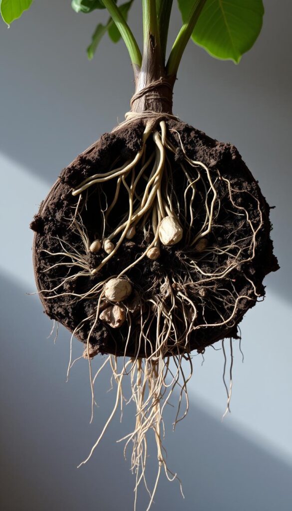 A detailed cross-section view of an intricate root ball, gently lifted from the soil, revealing a dense network of fine roots, soil clumps, and organic matter. The roots spread outward in a radial pattern, intertwining and anchoring the plant firmly in the earth. The lighting is soft and diffused, casting subtle shadows that highlight the texture and form of the root structure. The background is muted and blurred, allowing the root ball to be the focal point, showcasing its complex and vital role in the health and stability of the plant. A detailed cross-section view of an intricate root ball, gently lifted from the soil, revealing a dense network of fine roots, soil clumps, and organic matter. The roots spread outward in a radial pattern, intertwining and anchoring the plant firmly in the earth. The lighting is soft and diffused, casting subtle shadows that highlight the texture and form of the root structure. The background is muted and blurred, allowing the root ball to be the focal point, showcasing its complex and vital role in the health and stability of the plant.