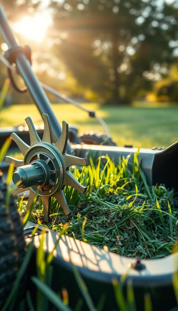 A detailed cutaway view of a high-powered mulching lawn mower in action. The foreground shows the rotating steel blades, cleverly designed to lift and recut grass clippings into a fine mulch. The middle ground reveals the streamlined mower deck, engineered to maximize airflow and efficient mulching. In the background, lush green grass is being neatly trimmed, with the mulch quickly decomposing to nourish the soil. Warm, golden sunlight filters through, casting soft shadows and a sense of serene productivity. Shot from a low, dynamic angle to emphasize the mower's power and precision.