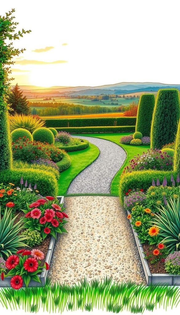 A detailed, hand-sketched garden layout illustration, featuring a lush, well-organized flower bed in the foreground. The beds are arranged in a naturalistic, asymmetric design, with a mix of vibrant, blooming flowers in the center complemented by cascading greenery along the edges. The middle ground showcases a winding gravel path leading into the scene, framed by neatly pruned shrubs and trees. In the background, a picturesque landscape unfolds, with rolling hills, a distant treeline, and a warm, golden-hour sky. The overall composition has a harmonious, serene atmosphere, offering a clear, visually appealing guide to planning an aesthetically pleasing flower bed layout. A detailed, hand-sketched garden layout illustration, featuring a lush, well-organized flower bed in the foreground. The beds are arranged in a naturalistic, asymmetric design, with a mix of vibrant, blooming flowers in the center complemented by cascading greenery along the edges. The middle ground showcases a winding gravel path leading into the scene, framed by neatly pruned shrubs and trees. In the background, a picturesque landscape unfolds, with rolling hills, a distant treeline, and a warm, golden-hour sky. The overall composition has a harmonious, serene atmosphere, offering a clear, visually appealing guide to planning an aesthetically pleasing flower bed layout.