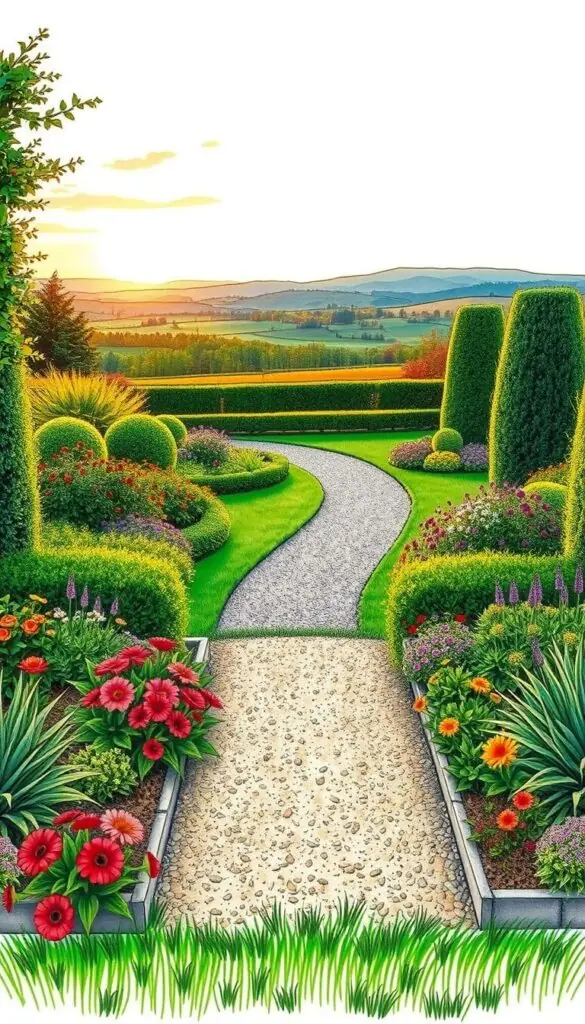 A detailed, hand-sketched garden layout illustration, featuring a lush, well-organized flower bed in the foreground. The beds are arranged in a naturalistic, asymmetric design, with a mix of vibrant, blooming flowers in the center complemented by cascading greenery along the edges. The middle ground showcases a winding gravel path leading into the scene, framed by neatly pruned shrubs and trees. In the background, a picturesque landscape unfolds, with rolling hills, a distant treeline, and a warm, golden-hour sky. The overall composition has a harmonious, serene atmosphere, offering a clear, visually appealing guide to planning an aesthetically pleasing flower bed layout. A detailed, hand-sketched garden layout illustration, featuring a lush, well-organized flower bed in the foreground. The beds are arranged in a naturalistic, asymmetric design, with a mix of vibrant, blooming flowers in the center complemented by cascading greenery along the edges. The middle ground showcases a winding gravel path leading into the scene, framed by neatly pruned shrubs and trees. In the background, a picturesque landscape unfolds, with rolling hills, a distant treeline, and a warm, golden-hour sky. The overall composition has a harmonious, serene atmosphere, offering a clear, visually appealing guide to planning an aesthetically pleasing flower bed layout.