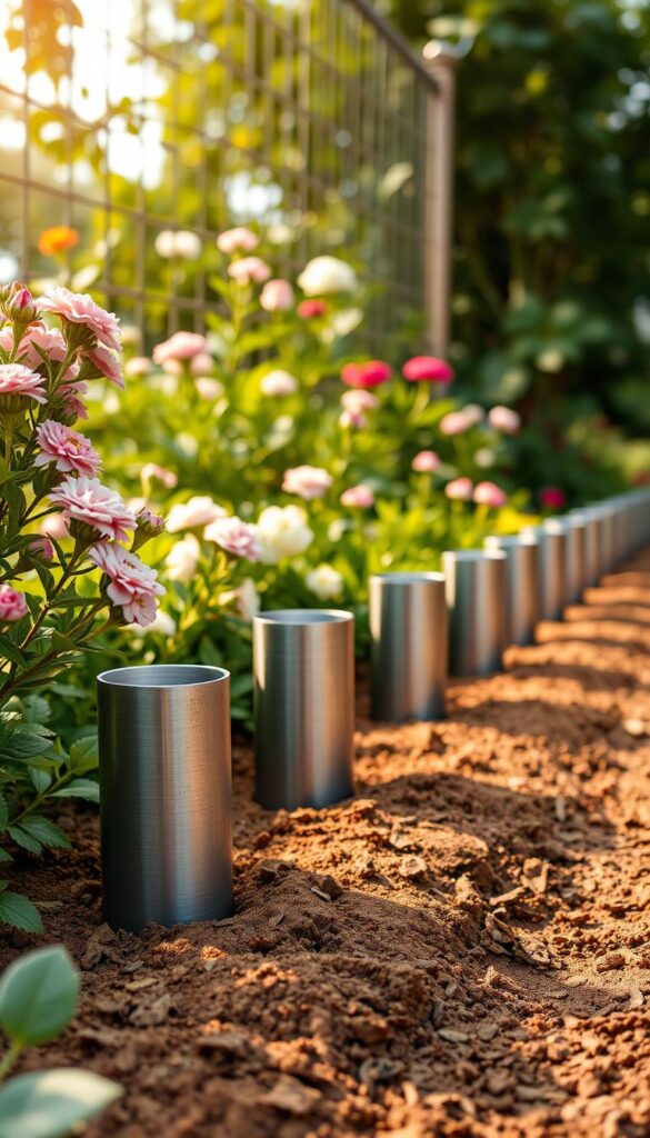 A detailed, high-resolution image of a set of metal ground sleeves for garden fencing, viewed from a slightly elevated angle. The sleeves are made of sturdy galvanized steel, with a smooth, matte finish. They are positioned in a neat, evenly spaced row, firmly embedded in the soft, rich earth of a well-tended garden bed. Lush green foliage and blooming flowers frame the scene, creating a charming, naturalistic backdrop. Warm, diffused sunlight filters through, casting gentle shadows and highlighting the practical, yet attractive, design of the installation hardware.