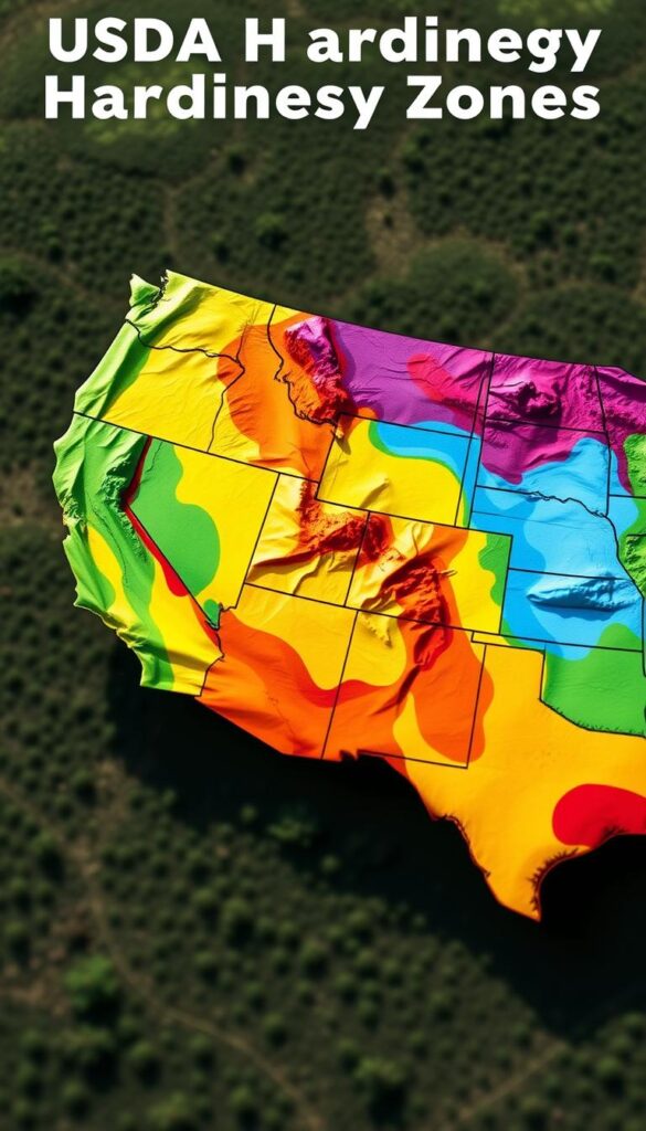 A detailed, high-resolution map of the USDA hardiness zones, depicting the various climate regions across the United States. The map should be shown from an angled, bird's-eye view perspective, with a sense of depth and scale. The zones should be clearly delineated, with vibrant colors representing the different climate zones. The background should feature a subtle, textured landscape, hinting at the diverse environments that characterize each hardiness zone. The overall image should convey a sense of authority and scientific accuracy, suitable for an educational article on gardening and plant selection. A detailed, high-resolution map of the USDA hardiness zones, depicting the various climate regions across the United States. The map should be shown from an angled, bird's-eye view perspective, with a sense of depth and scale. The zones should be clearly delineated, with vibrant colors representing the different climate zones. The background should feature a subtle, textured landscape, hinting at the diverse environments that characterize each hardiness zone. The overall image should convey a sense of authority and scientific accuracy, suitable for an educational article on gardening and plant selection.