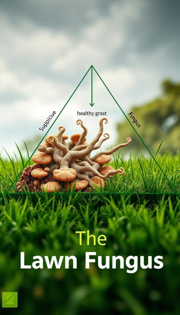 A detailed illustration of the disease triangle, depicting the three key components for lawn fungus growth: susceptible host (healthy grass), pathogenic fungus, and conducive environmental conditions. The scene showcases a lush green lawn, with a closeup view of a section where the grass is affected by a fungal infection. The fungus is represented as a menacing, intricate network of hyphae and spores, encroaching on the grass blades. The background depicts a serene, overcast sky, emphasizing the humid, cool, and shaded conditions that enable the fungus to thrive. The image is rendered in a realistic, detailed style, with high-quality lighting and depth of field, providing a comprehensive visual aid for understanding the complex dynamics of lawn fungus. A detailed illustration of the disease triangle, depicting the three key components for lawn fungus growth: susceptible host (healthy grass), pathogenic fungus, and conducive environmental conditions. The scene showcases a lush green lawn, with a closeup view of a section where the grass is affected by a fungal infection. The fungus is represented as a menacing, intricate network of hyphae and spores, encroaching on the grass blades. The background depicts a serene, overcast sky, emphasizing the humid, cool, and shaded conditions that enable the fungus to thrive. The image is rendered in a realistic, detailed style, with high-quality lighting and depth of field, providing a comprehensive visual aid for understanding the complex dynamics of lawn fungus.
