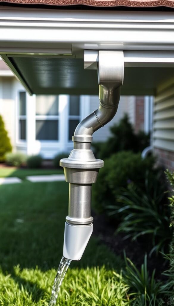 A detailed image of a gutters downspout system against a backdrop of a well-manicured yard. The downspout is made of metal, with a flared end that directs water flow away from the home's foundation. It is connected to the home's gutter system, which runs along the roofline, capturing rainwater runoff. The scene is illuminated by soft, diffuse natural light, casting gentle shadows on the surroundings. The yard features lush, green grass and well-tended landscaping, creating a harmonious, well-maintained aesthetic. The overall composition emphasizes the importance of a properly functioning gutter and downspout system in effective yard drainage solutions. A detailed image of a gutters downspout system against a backdrop of a well-manicured yard. The downspout is made of metal, with a flared end that directs water flow away from the home's foundation. It is connected to the home's gutter system, which runs along the roofline, capturing rainwater runoff. The scene is illuminated by soft, diffuse natural light, casting gentle shadows on the surroundings. The yard features lush, green grass and well-tended landscaping, creating a harmonious, well-maintained aesthetic. The overall composition emphasizes the importance of a properly functioning gutter and downspout system in effective yard drainage solutions.