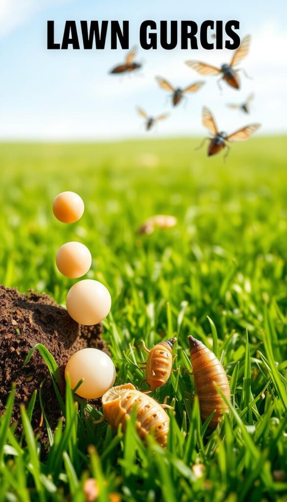 A detailed life cycle illustration of lawn grubs, showcasing their transformation from eggs to larvae to pupae to adult beetles. Crisp, natural lighting illuminates the foreground, where a closeup view reveals the distinct stages of their development. The middle ground features a lush, manicured lawn, hinting at the grubs' habitat. In the background, a soft, out-of-focus rendering of the adult beetles in flight. Precise, almost scientific in its depiction, the image conveys the cyclical nature of these common lawn pests, aiding understanding of their life stages.