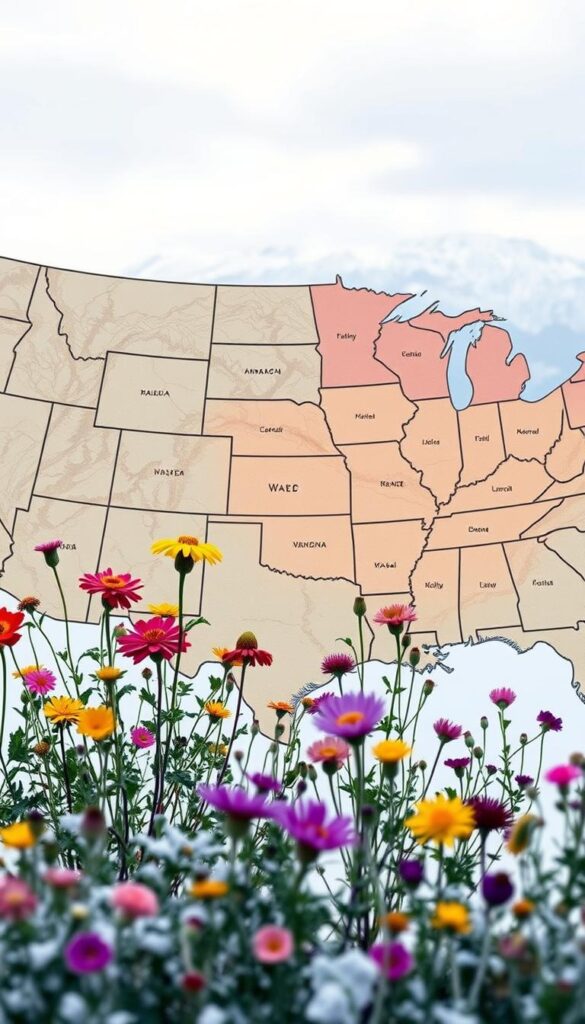 A detailed map of the United States showcasing the USDA climate zones, with a focus on the diversity of winter microclimates. The map is rendered with a realistic, muted color palette, conveying the coolness of the season. In the foreground, various hardy winter flowers bloom, their vibrant hues contrasting against the subdued tones of the landscape. The middle ground depicts the varied terrain, from snowy mountain peaks to rolling hills and coastal regions, each with its own distinct microclimate. In the background, a softly blurred horizon line suggests the vast expanse of the country, highlighting the importance of understanding the specific growing conditions within each USDA zone. The overall mood is one of informative exploration, guiding the viewer to appreciate the nuances of winter gardening across the United States. A detailed map of the United States showcasing the USDA climate zones, with a focus on the diversity of winter microclimates. The map is rendered with a realistic, muted color palette, conveying the coolness of the season. In the foreground, various hardy winter flowers bloom, their vibrant hues contrasting against the subdued tones of the landscape. The middle ground depicts the varied terrain, from snowy mountain peaks to rolling hills and coastal regions, each with its own distinct microclimate. In the background, a softly blurred horizon line suggests the vast expanse of the country, highlighting the importance of understanding the specific growing conditions within each USDA zone. The overall mood is one of informative exploration, guiding the viewer to appreciate the nuances of winter gardening across the United States.