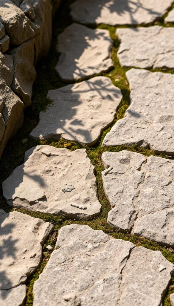 A detailed, natural-looking stone texture with a soft, earthy palette and subtle variations in color and pattern. The surface should have a slightly rough, weathered appearance, with hints of moss, lichen, and subtle imperfections that give it a timeless, organic feel. The lighting should be natural, casting gentle shadows that accentuate the texture and depth of the stone. The angle should be slightly elevated, showcasing the intricate details of the material and its suitability for use in a garden pathway or as stepping stones.