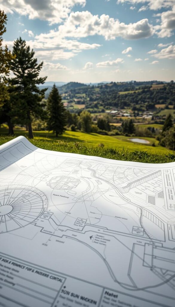 A detailed outdoor planning map, showcasing the sun's path and wind patterns across a lush landscape. In the foreground, an architectural blueprint unfurls, meticulously charting the sun's angles and wind directions. The middle ground features a topographical survey, with contour lines and terrain features precisely measured. In the background, a panoramic vista reveals the site's natural elements - towering trees, rolling hills, and a serene pond. The lighting is soft and diffused, capturing the tranquil atmosphere of this planning exercise. A wide-angle lens provides a comprehensive view, allowing the viewer to immerse themselves in the careful consideration of this outdoor zone.