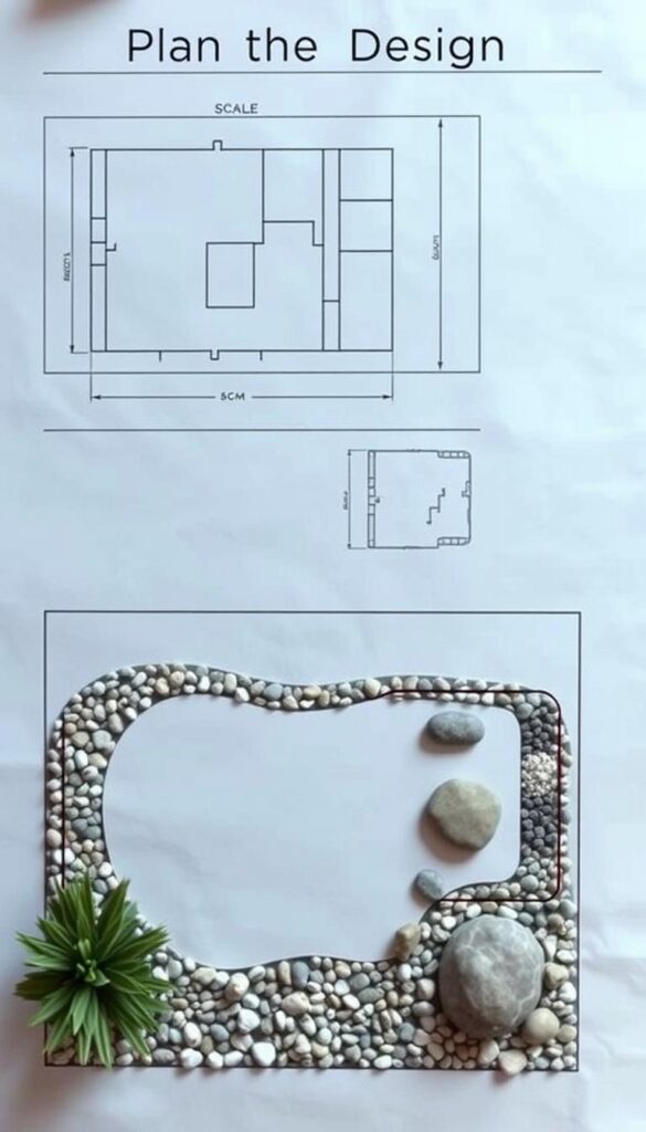 A detailed plan design for a flower garden layout, featuring a scale diagram with measured dimensions, a side-view sketch showcasing the intended style and flow, and a top-down view highlighting the spatial arrangement of various elements. The design should convey a sense of balance, harmony, and functionality, with a focus on the strategic placement of gravel, stones, and other decorative features. Illuminated by soft, natural lighting to accentuate the textures and colors, the image should evoke a tranquil, contemplative mood suitable for the "Plan the Design" section of the article. A detailed plan design for a flower garden layout, featuring a scale diagram with measured dimensions, a side-view sketch showcasing the intended style and flow, and a top-down view highlighting the spatial arrangement of various elements. The design should convey a sense of balance, harmony, and functionality, with a focus on the strategic placement of gravel, stones, and other decorative features. Illuminated by soft, natural lighting to accentuate the textures and colors, the image should evoke a tranquil, contemplative mood suitable for the "Plan the Design" section of the article.